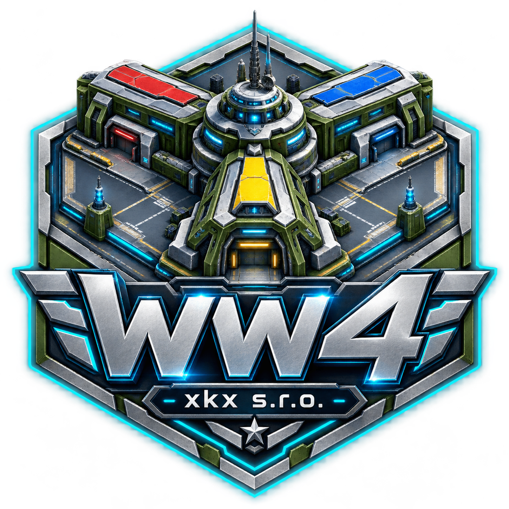 Logo WORLD WAR 4: trojramenné kasárne červenej, modrej a žltej frakcie, WW4 a xkx s.r.o.